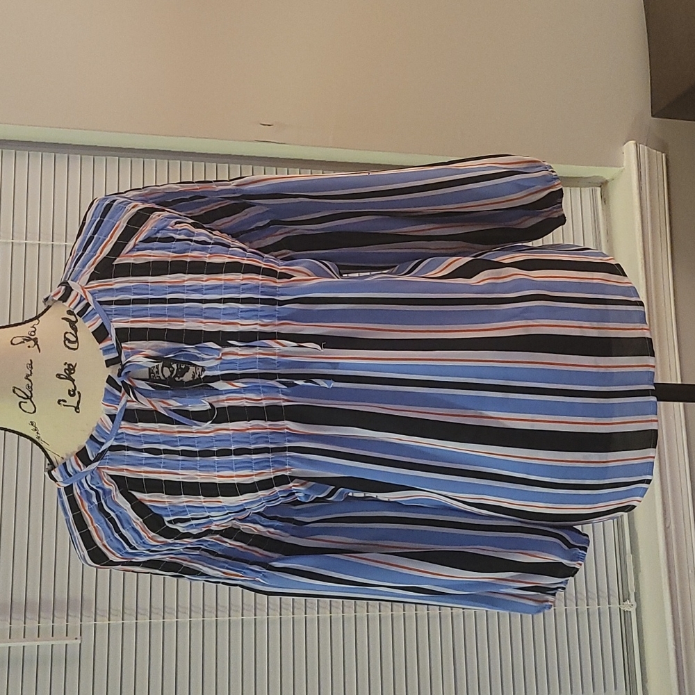 A.n.a Striped V Neck Blouse with Strings and Bell Sleeve